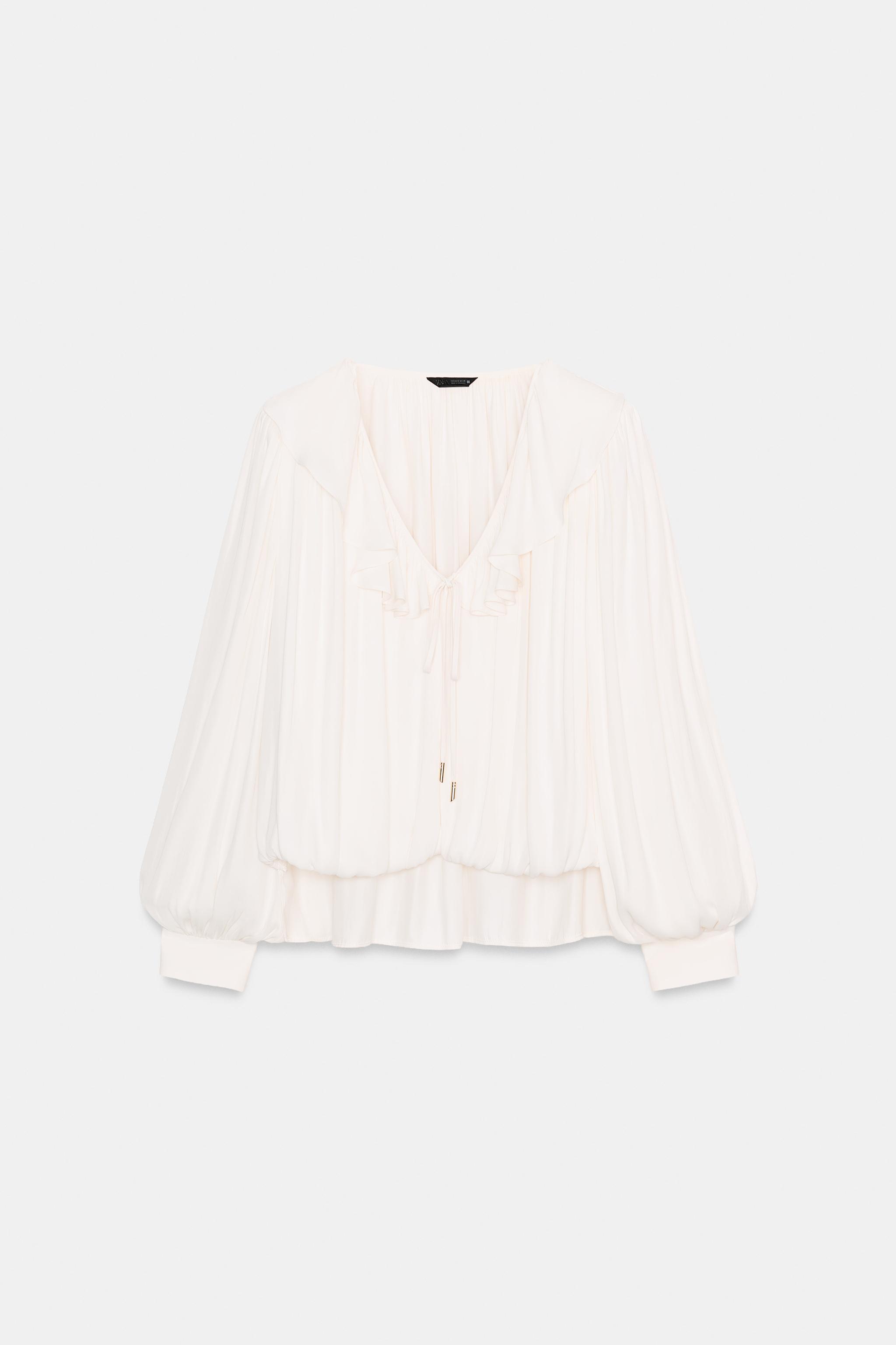 RUFFLED SATIN EFFECT BLOUSE WITH SHOULDER PADS